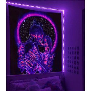 Blacklight Skull Tapestry, The Kissing Lovers Tapestry UV Reactive Trippy Neon